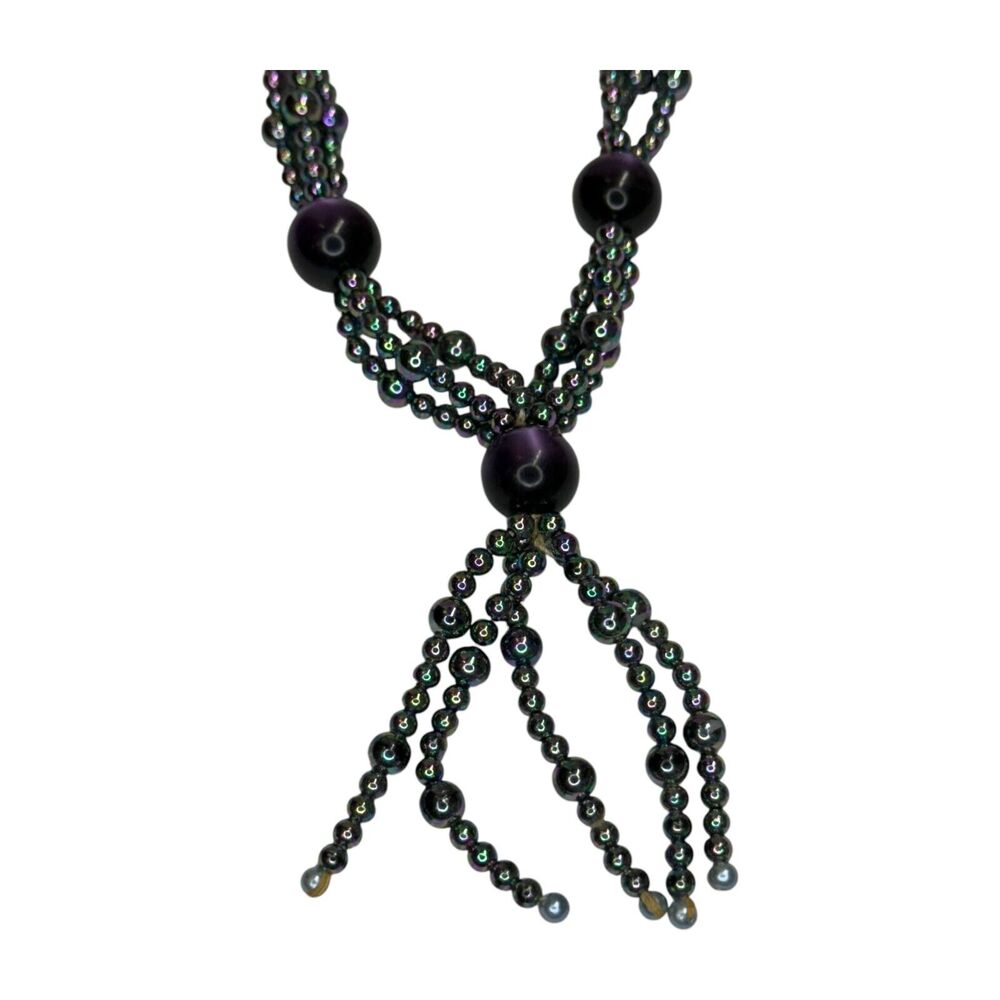 Vintage Black Beaded Tassel Necklace Multi-Strand Style Beaded Statement Jewelry - Picture 2 of 6